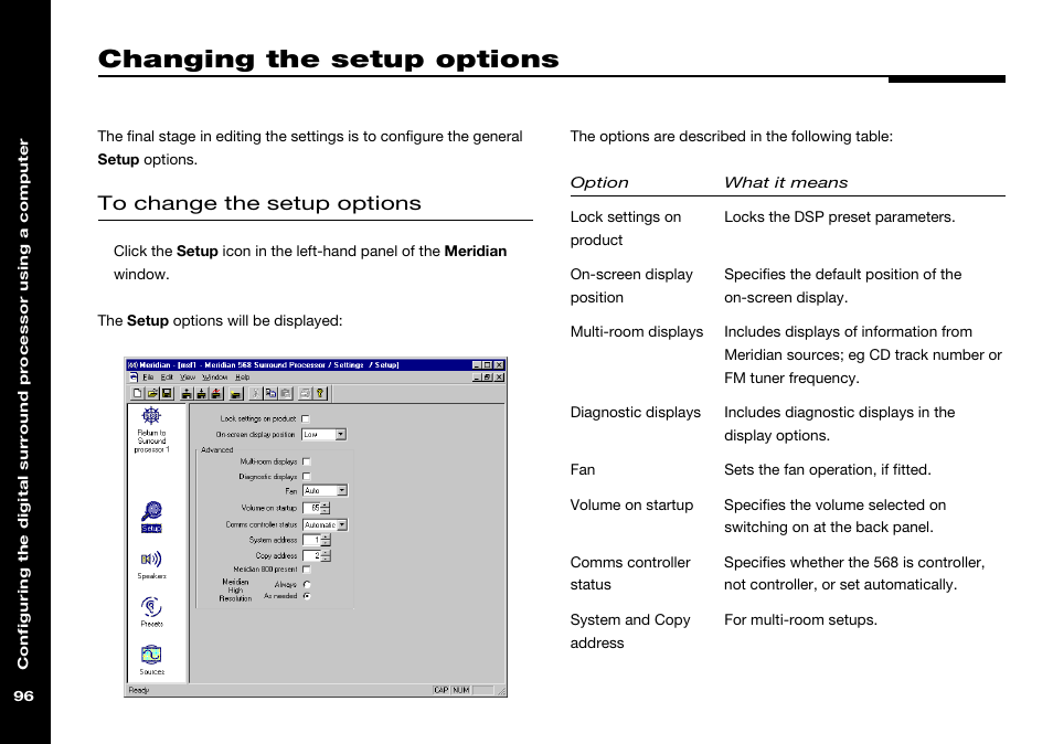 Changing the setup options, Setup options, using a pc | Meridian Audio 568 User Manual | Page 103 / 131