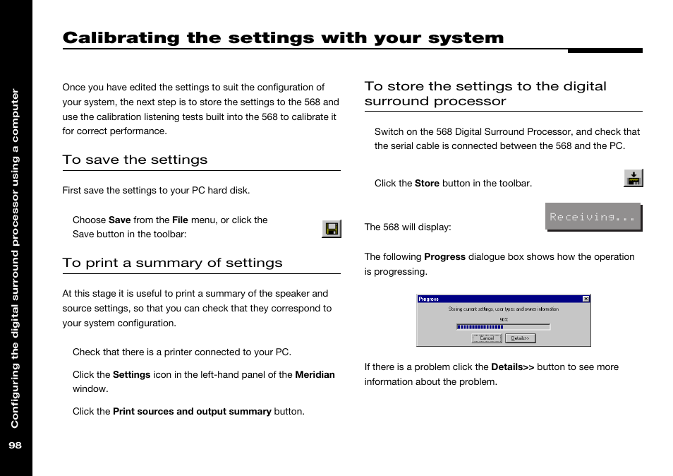 Calibrating the settings with your system, Storing settings, Calibrating the settings with your | System | Meridian Audio 568 User Manual | Page 105 / 131