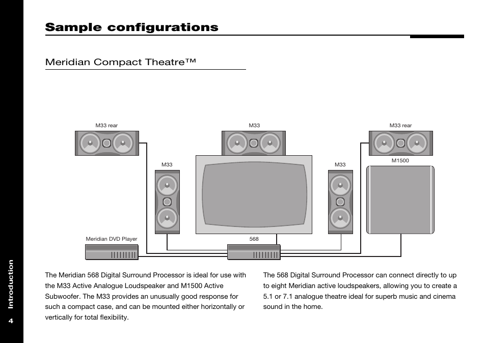 Sample configurations, M1500 active subwoofer, M33 active analogue loudspeaker | Meridian analogue theatre, Meridian compact theatre | Meridian Audio 568 User Manual | Page 11 / 131