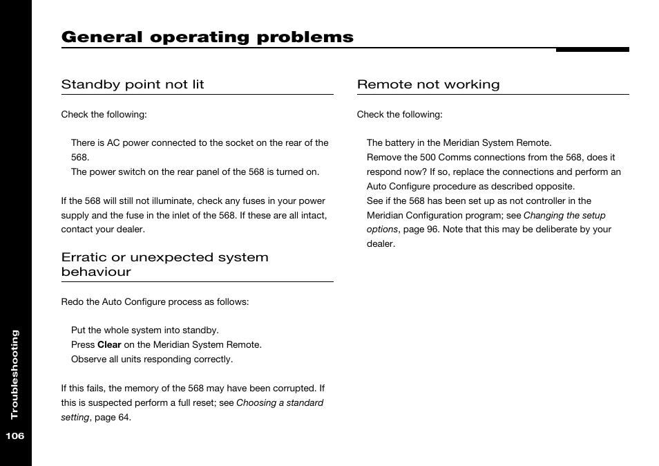 General operating problems, Troubleshooting, General operation | Meridian Audio 568 User Manual | Page 113 / 131