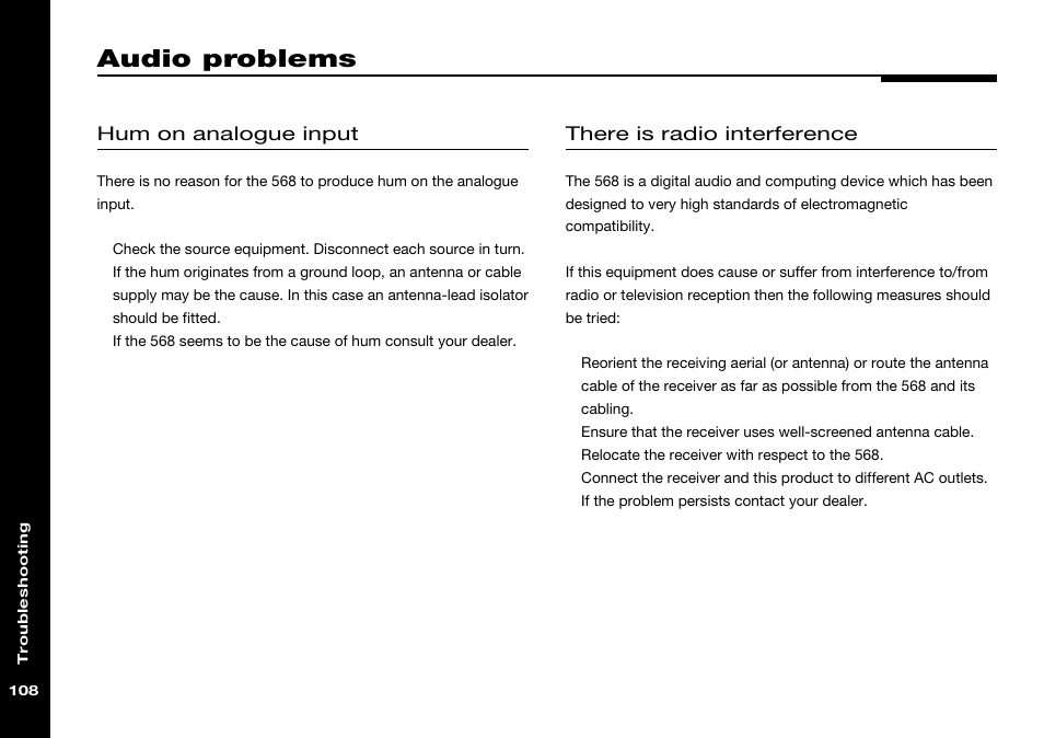 Audio problems, Hum on analogue input, Audio | Meridian Audio 568 User Manual | Page 115 / 131