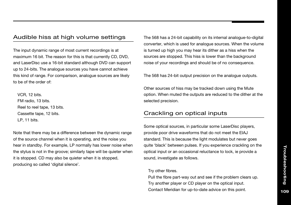 Crackling on optical inputs, At high volume settings, Audible hiss at high volume settings | Meridian Audio 568 User Manual | Page 116 / 131