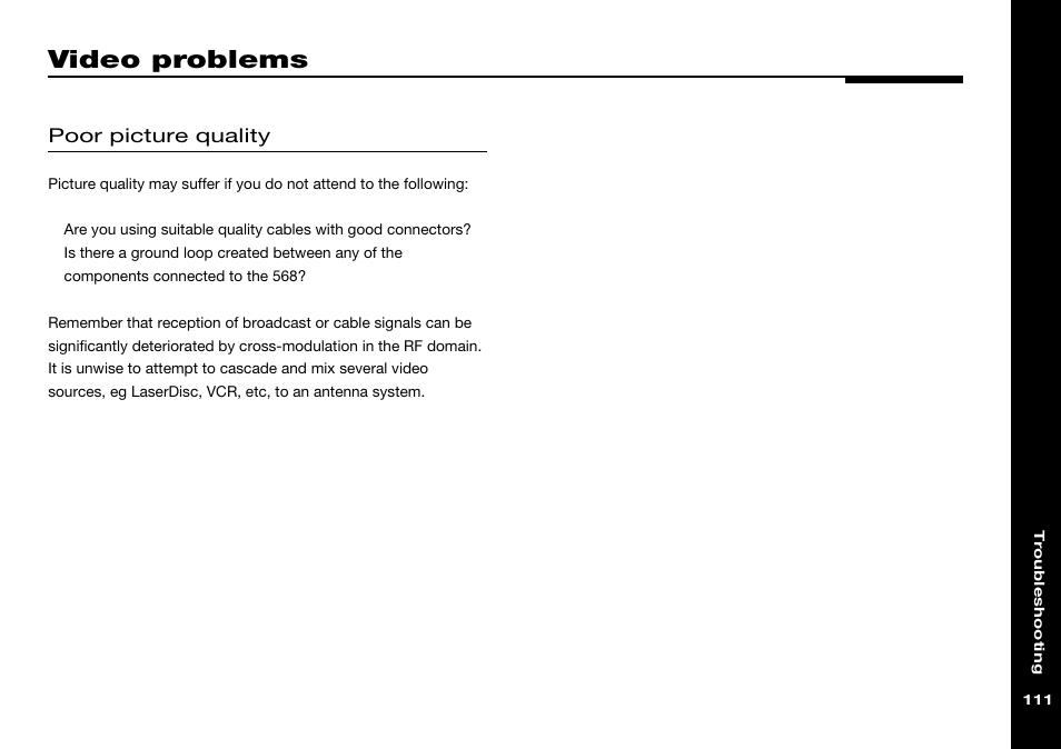 Video problems, Poor picture quality, Video | Problems | Meridian Audio 568 User Manual | Page 118 / 131