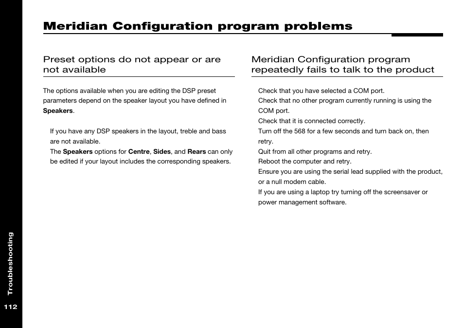 Meridian configuration program problems, Problems, Meridian configuration program | Meridian Audio 568 User Manual | Page 119 / 131