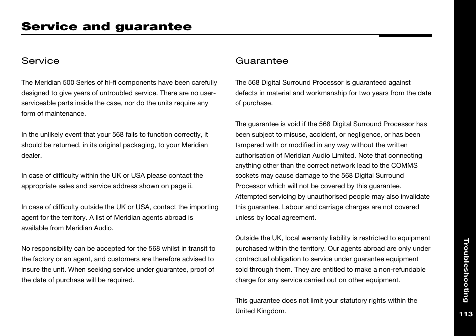 Service and guarantee, Service, Guarantee | Meridian Audio 568 User Manual | Page 120 / 131