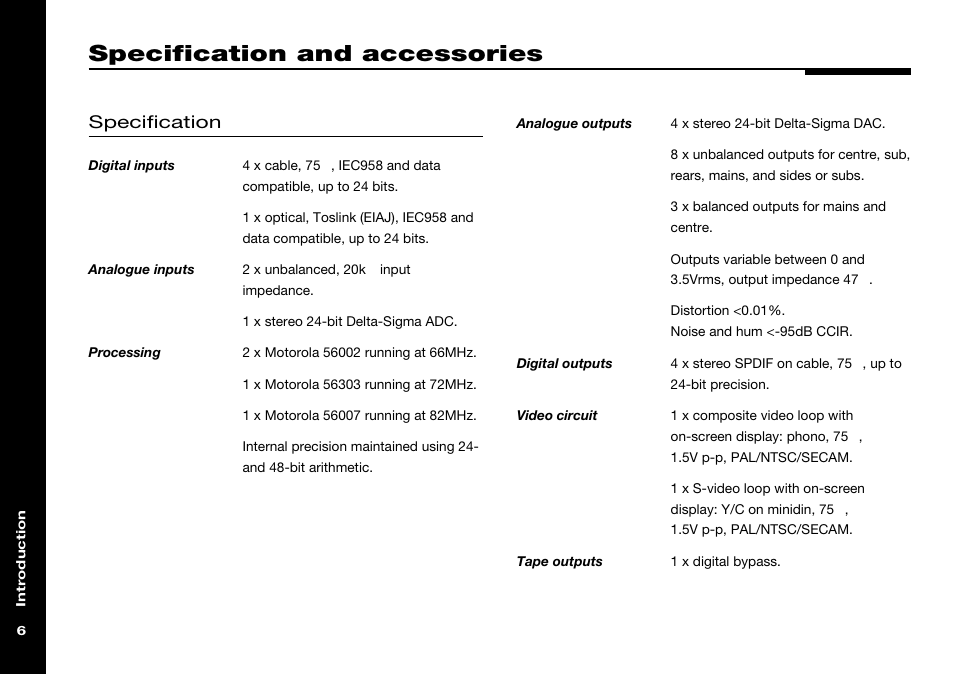 Specification and accessories, Specification | Meridian Audio 568 User Manual | Page 13 / 131