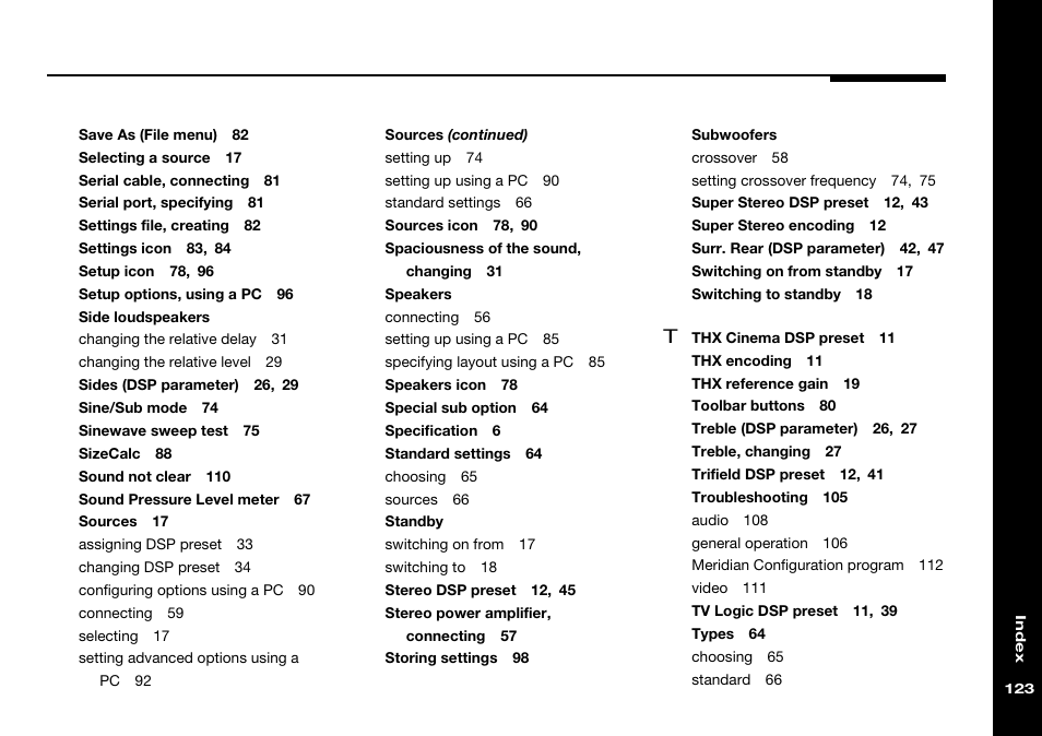 Side loudspeakers, Speakers, Standby | Subwoofers | Meridian Audio 568 User Manual | Page 130 / 131