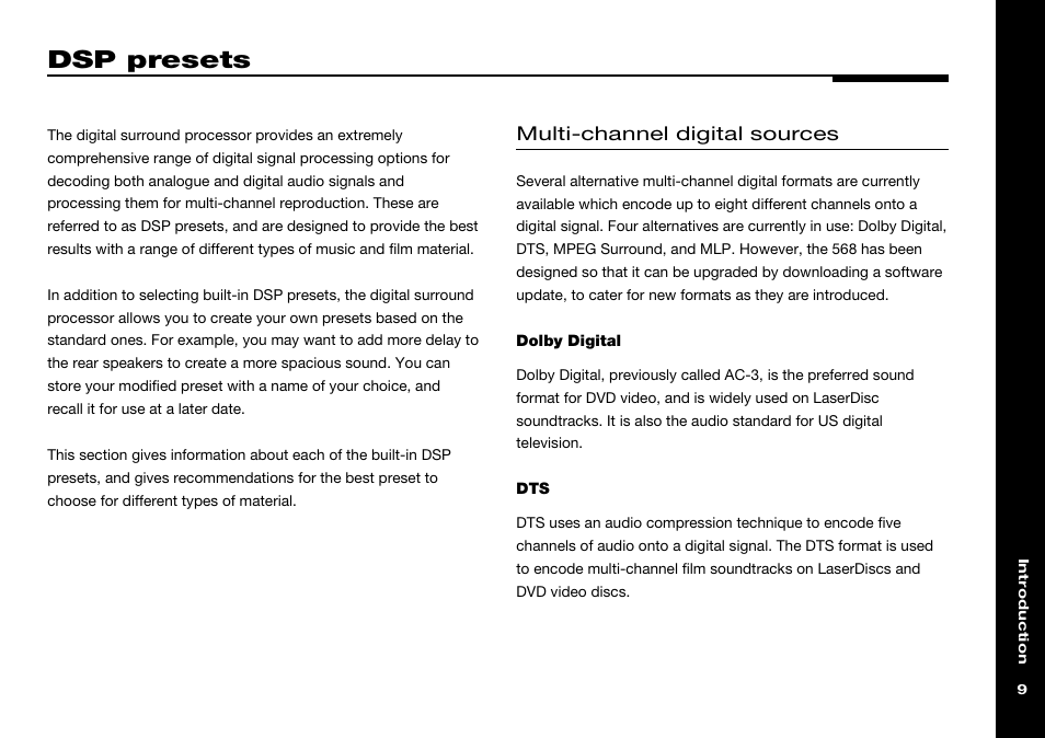 Dsp presets, Ac-3 encoding, Dolby digital | Digital dsp preset, Dolby digital dsp preset, Dolby digital encoding, Dts dsp preset, Dts encoding, Multi-channel digital sources | Meridian Audio 568 User Manual | Page 16 / 131