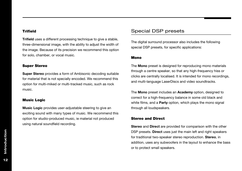 Academy (dsp parameter), Direct dsp preset, Academy | Direct, Mono, Music logic, Stereo, Super stereo, Trifield, Mono dsp preset | Meridian Audio 568 User Manual | Page 19 / 131