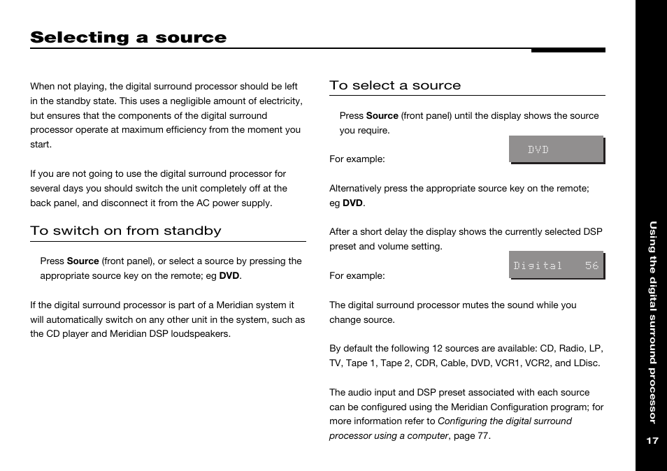 Selecting a source, Sources, Switching on from | Switching on from standby | Meridian Audio 568 User Manual | Page 24 / 131