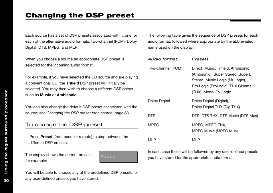 Changing the dsp preset, Audio formats, Changing | Meridian Audio 568 User Manual | Page 27 / 131