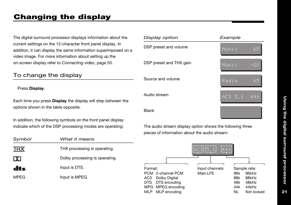 Changing the display, Audio stream display, Changing | Options, Display symbols, On-screen display (osd) | Meridian Audio 568 User Manual | Page 28 / 131