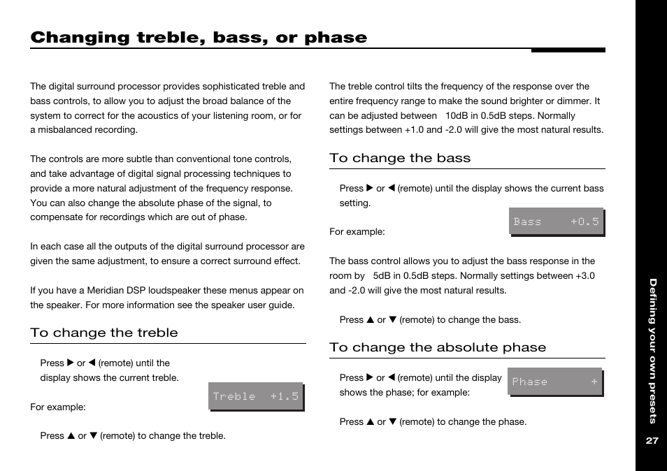 Changing treble, bass, or phase, Bass, changing, Phase, changing | Treble, changing | Meridian Audio 568 User Manual | Page 34 / 131