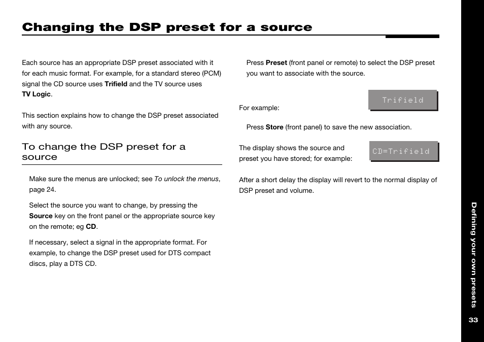 Changing the dsp preset for a source, Dsp preset, assigning to a source, Assigning dsp preset | Meridian Audio 568 User Manual | Page 40 / 131