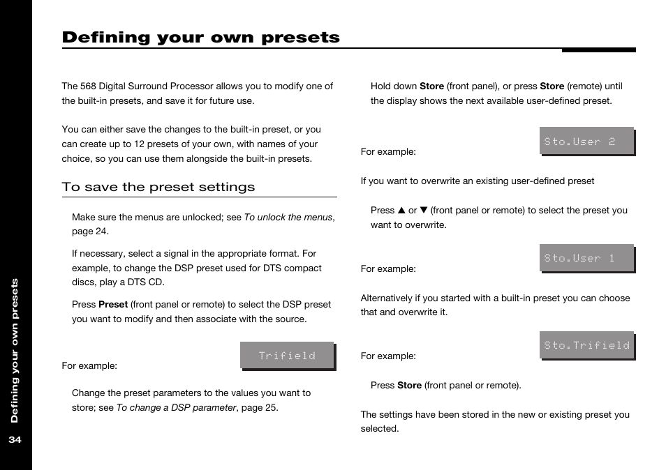 Built-in presets, changing, Saving, Changing dsp preset | Defining your own presets | Meridian Audio 568 User Manual | Page 41 / 131