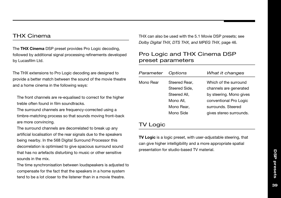 Mono rear, Mono rear (dsp parameter), Thx cinema | Pro logic and thx cinema dsp preset parameters, Tv logic | Meridian Audio 568 User Manual | Page 46 / 131