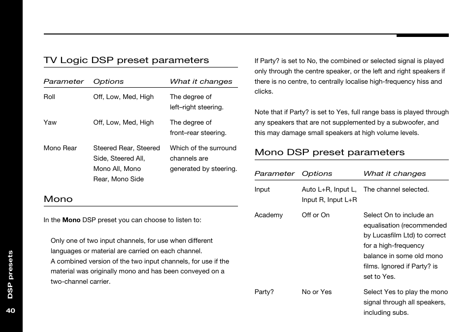 Party, Roll, Input (dsp parameter) | Party? (dsp parameter), Roll (dsp parameter), Yaw (dsp parameter), Tv logic dsp preset parameters, Mono, Mono dsp preset parameters | Meridian Audio 568 User Manual | Page 47 / 131