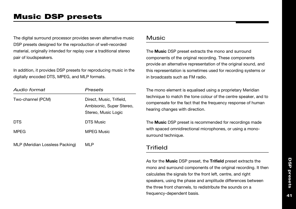 Music dsp presets, Music, Trifield | Meridian Audio 568 User Manual | Page 48 / 131