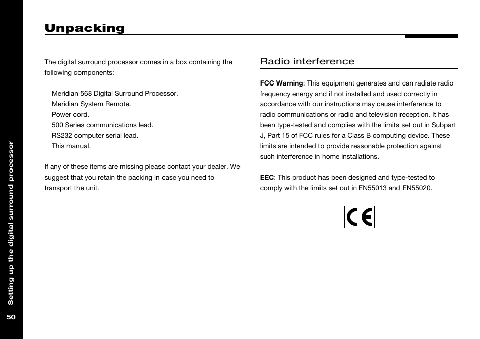 Unpacking, Components, Radio interference | Meridian Audio 568 User Manual | Page 57 / 131