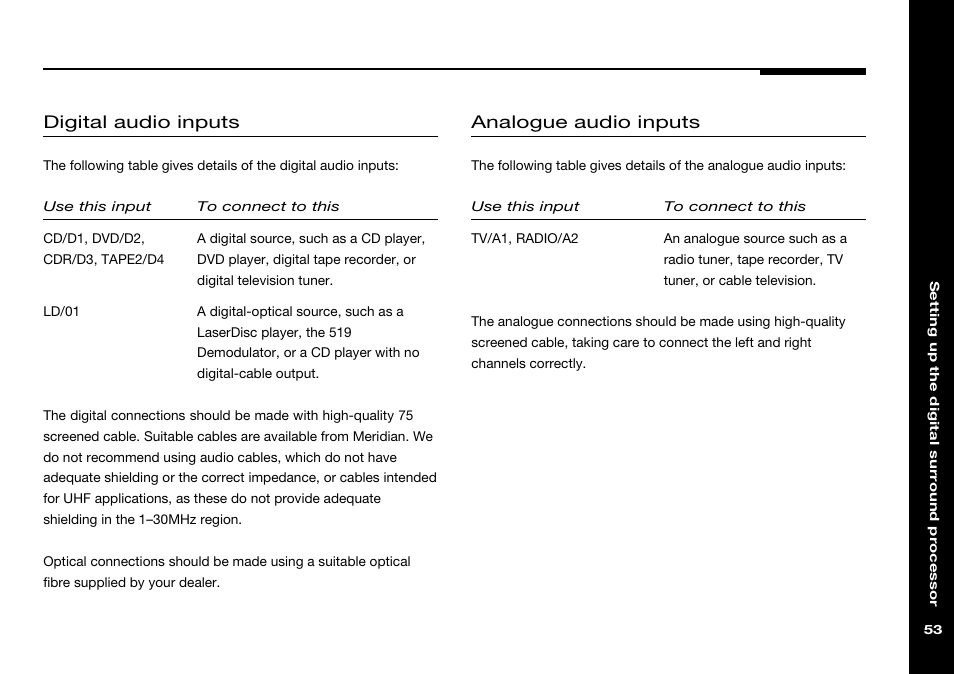 Analogue audio inputs, Analogue, Digital | Digital audio inputs, Audio, Optical input | Meridian Audio 568 User Manual | Page 60 / 131