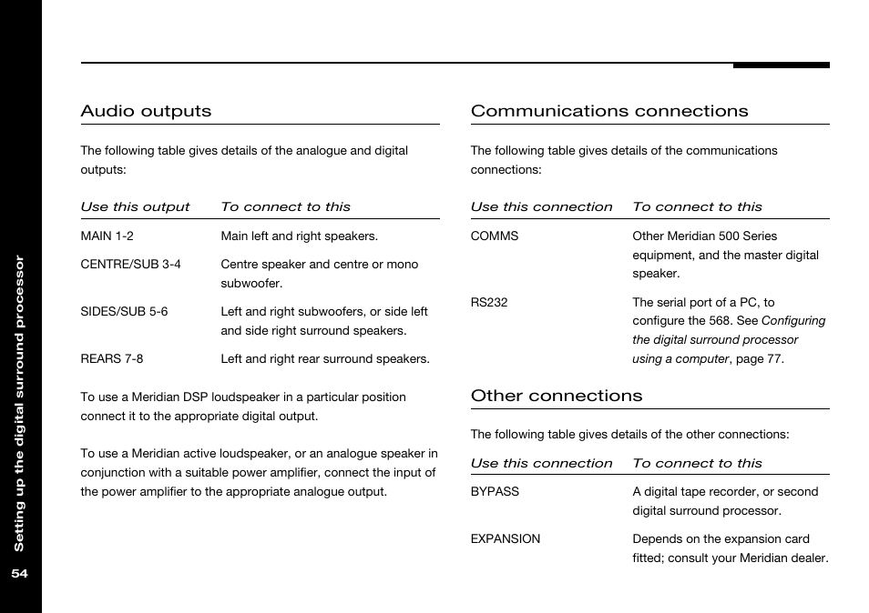 Audio outputs, Balanced outputs, Communications connections | Meridian comms, Connecting, Outputs, audio, Other connections | Meridian Audio 568 User Manual | Page 61 / 131