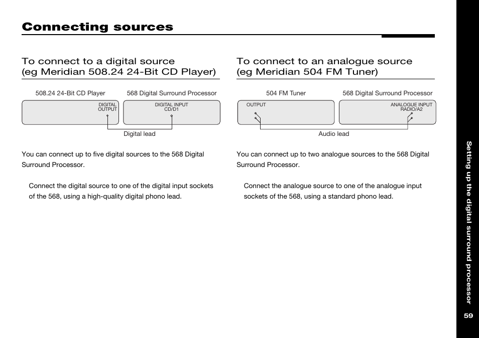 Connecting sources, Analogue sources, connecting, Digital source, connecting | Meridian 504 fm tuner, connecting, Meridian 508.24 24-bit cd player, connecting, Connecting | Meridian Audio 568 User Manual | Page 66 / 131