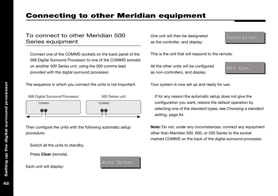 Connecting to other meridian equipment, Automatic setup, Controller, setting | Connecting to other meridian, Equipment | Meridian Audio 568 User Manual | Page 69 / 131