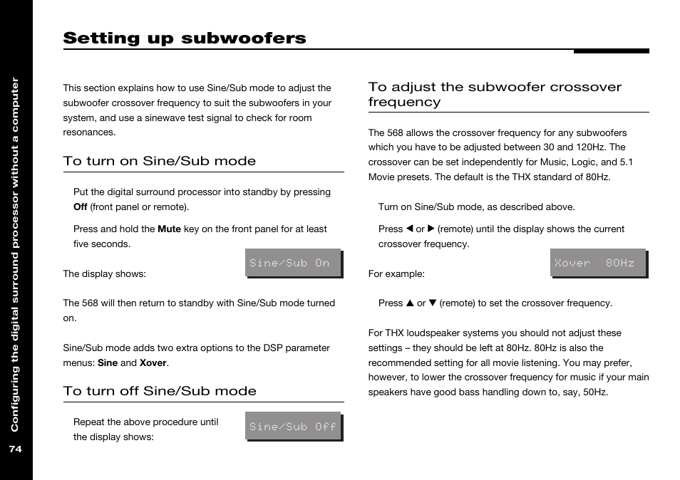 Setting up subwoofers, Crossover frequency, adjusting, Sine/sub mode | Setting up, Setting crossover frequency | Meridian Audio 568 User Manual | Page 81 / 131