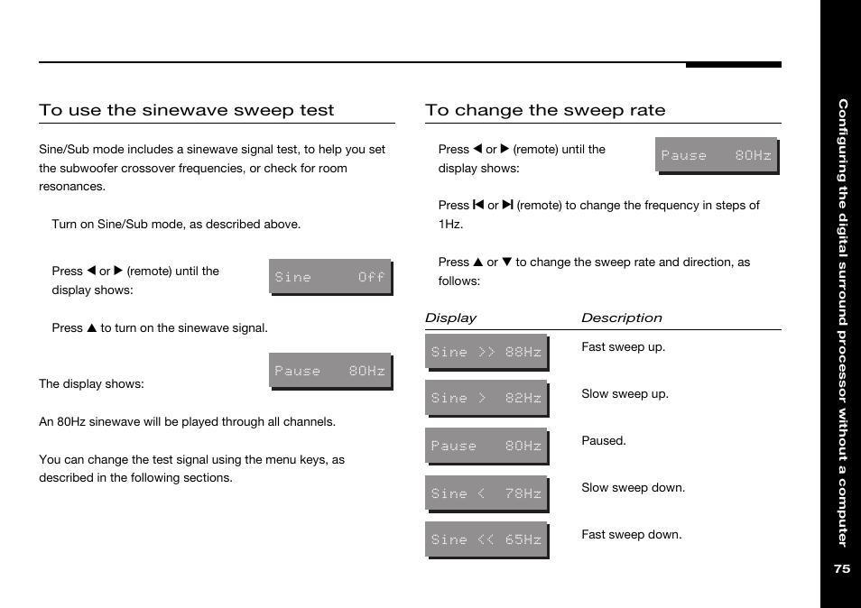 Room resonances, checking for, Sinewave sweep test | Meridian Audio 568 User Manual | Page 82 / 131