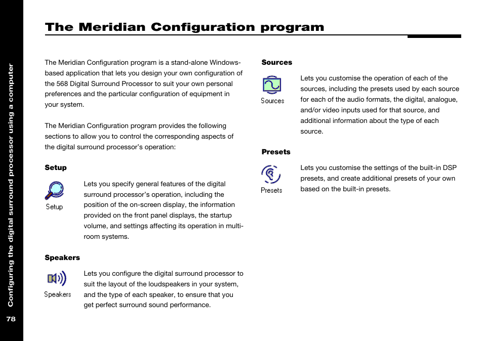 The meridian configuration program, Meridian configuration program, Presets icon | Setup icon, Sources icon, Speakers icon | Meridian Audio 568 User Manual | Page 85 / 131