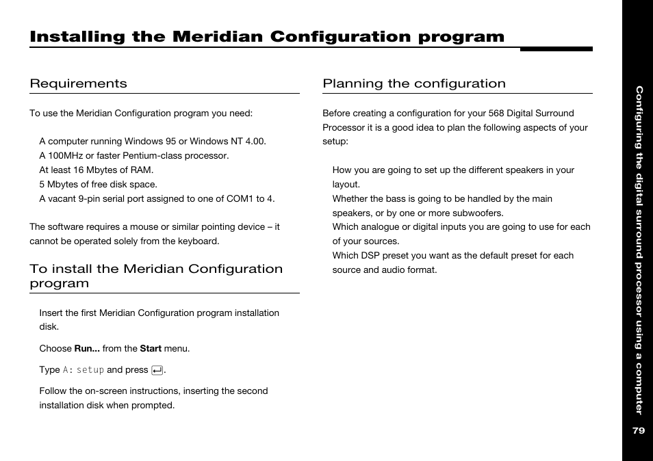 Installing the meridian configuration program, Installation, Requirements | Installing the meridian configuration, Program, Planning the configuration | Meridian Audio 568 User Manual | Page 86 / 131