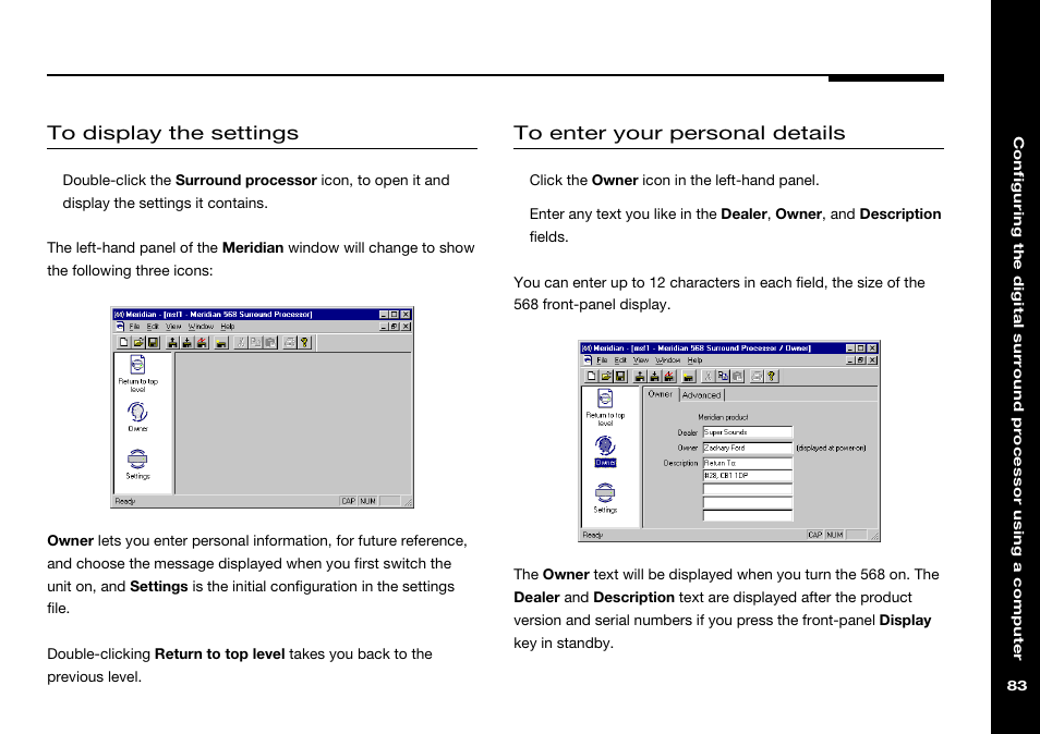 Owner icon, Personal details, entering using a pc, Return to top level icon | Settings icon | Meridian Audio 568 User Manual | Page 90 / 131