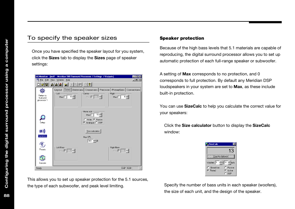 Specifying the sizes using a pc, Sizecalc | Meridian Audio 568 User Manual | Page 95 / 131