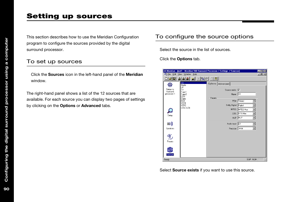 Setting up sources, Configuring options using a pc, Setting up using a pc | Meridian Audio 568 User Manual | Page 97 / 131