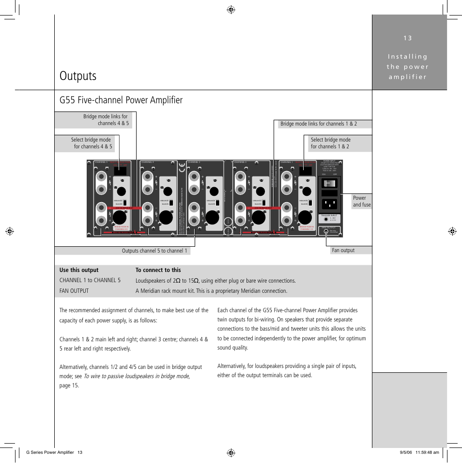 Outputs, G55 five-channel power amplifier | Meridian Audio G Series User Manual | Page 17 / 32
