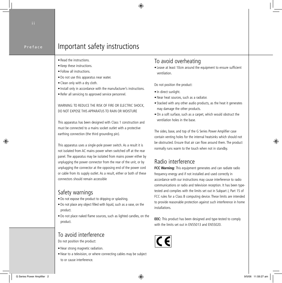 Important safety instructions, Safety warnings, Radio interference | Meridian Audio G Series User Manual | Page 2 / 32