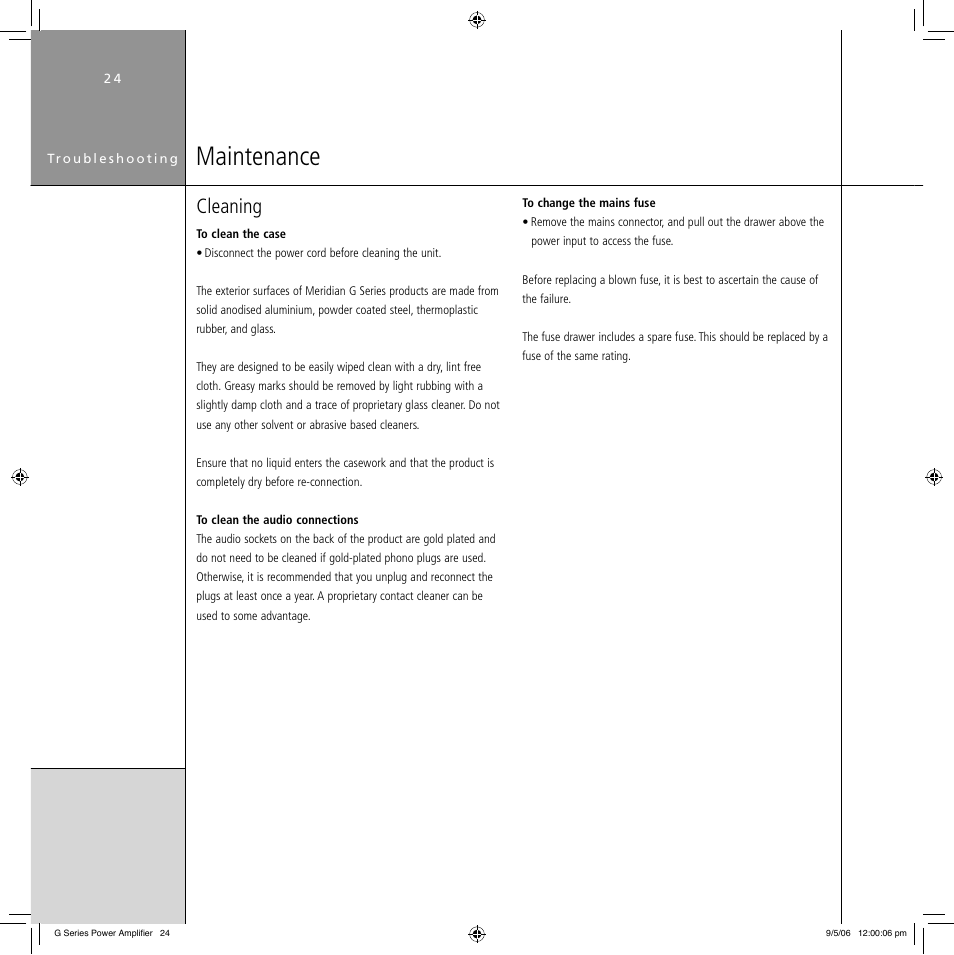 Maintenance, Cleaning | Meridian Audio G Series User Manual | Page 28 / 32