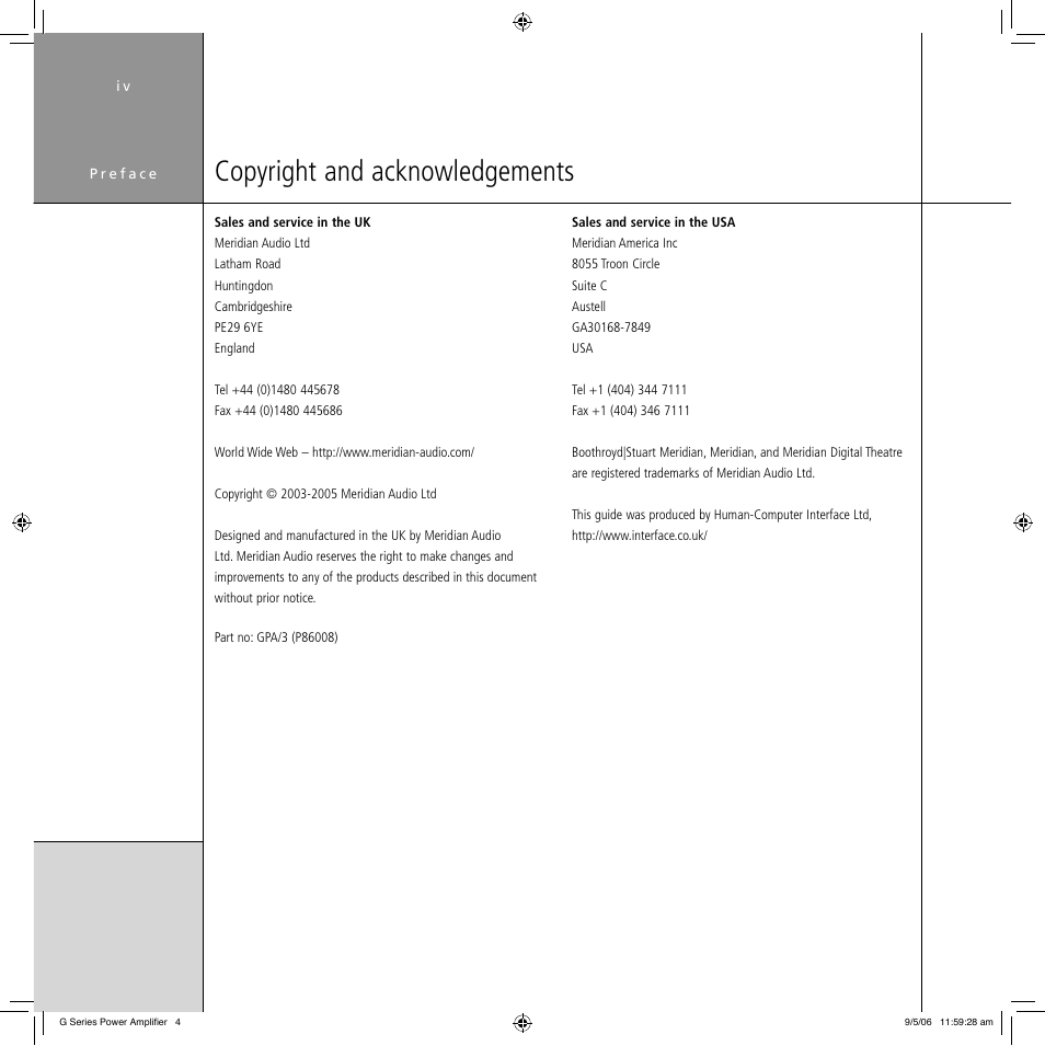 Copyright and acknowledgements | Meridian Audio G Series User Manual | Page 4 / 32