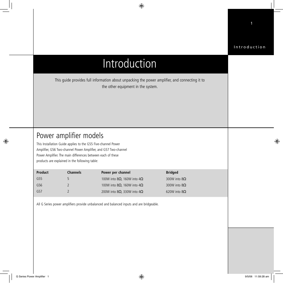 Introduction, Power amplifier models | Meridian Audio G Series User Manual | Page 5 / 32