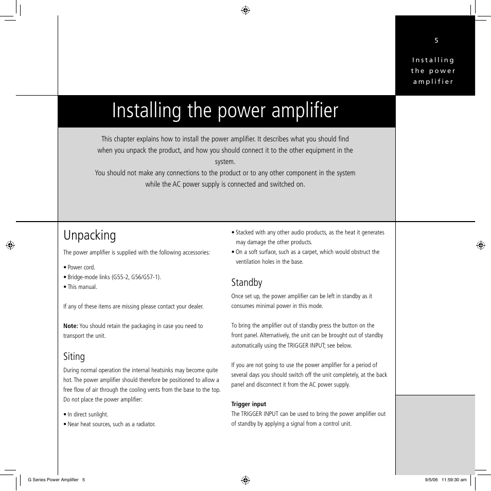 Installing the power amplifier, Unpacking, Siting | Standby | Meridian Audio G Series User Manual | Page 9 / 32