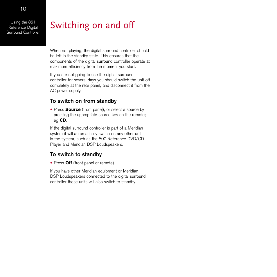 Switching on and off | Meridian Audio 861 User Manual | Page 14 / 62