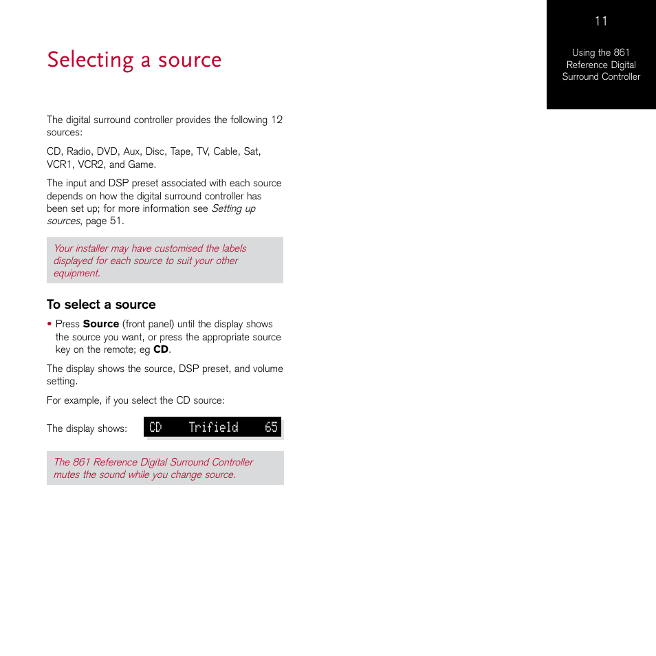 Selecting a source | Meridian Audio 861 User Manual | Page 15 / 62