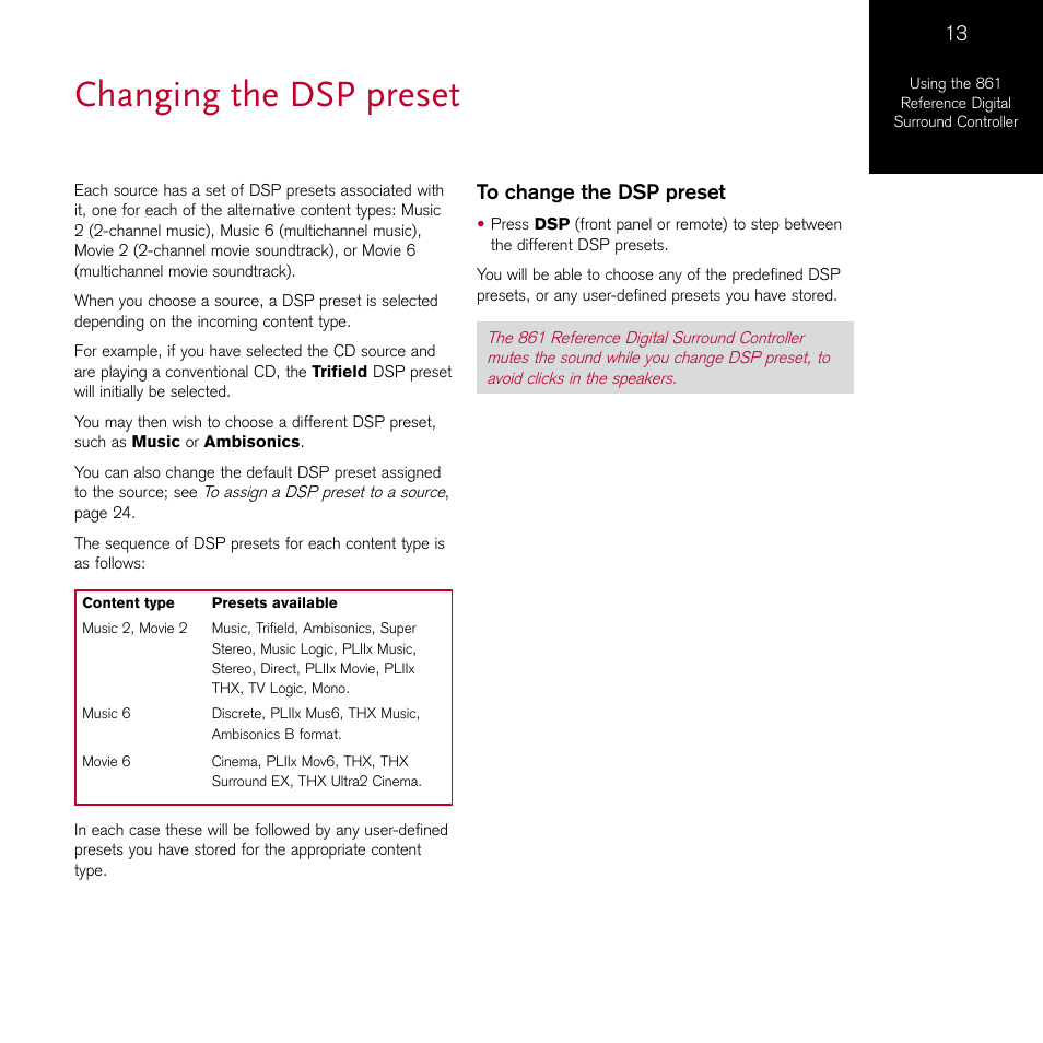 Changing the dsp preset | Meridian Audio 861 User Manual | Page 17 / 62