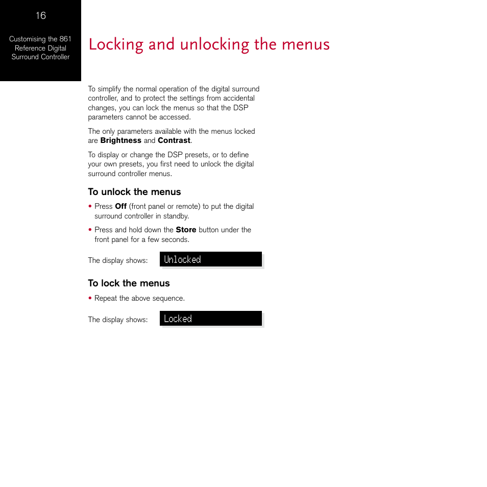 Locking and unlocking the menus | Meridian Audio 861 User Manual | Page 20 / 62