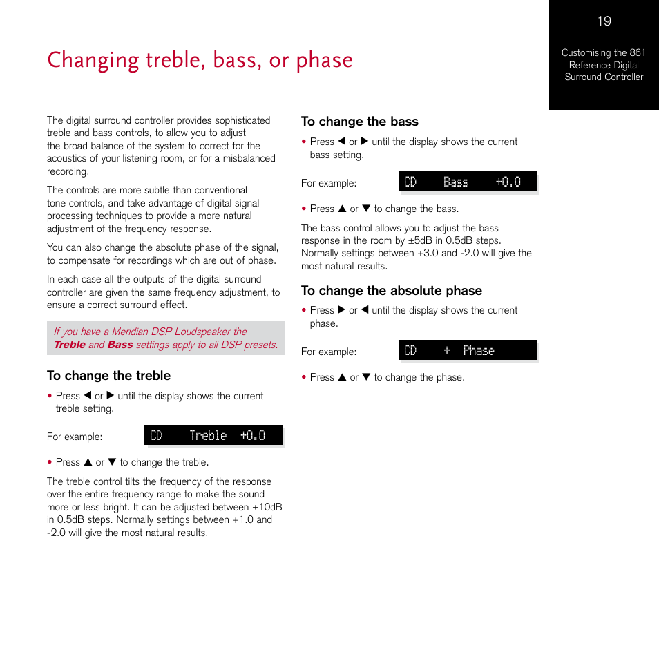 Changing treble, bass, or phase | Meridian Audio 861 User Manual | Page 23 / 62