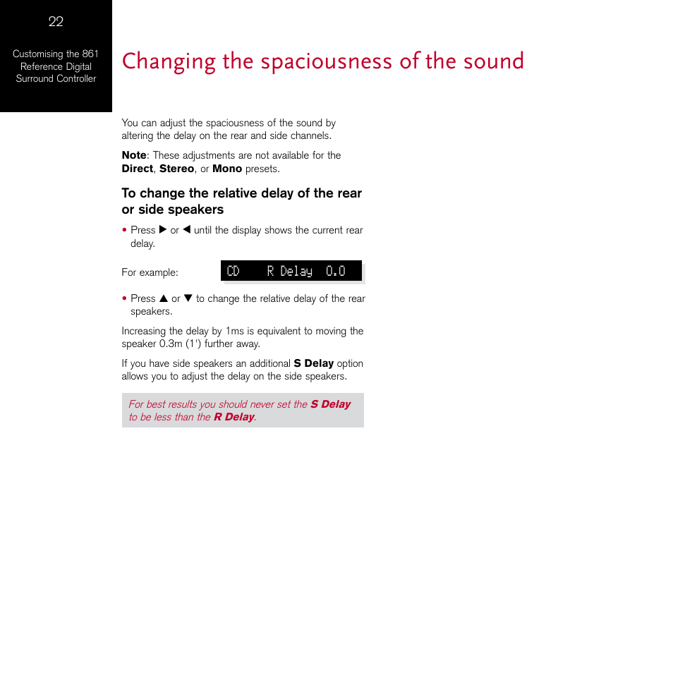 Changing the spaciousness of the sound | Meridian Audio 861 User Manual | Page 26 / 62