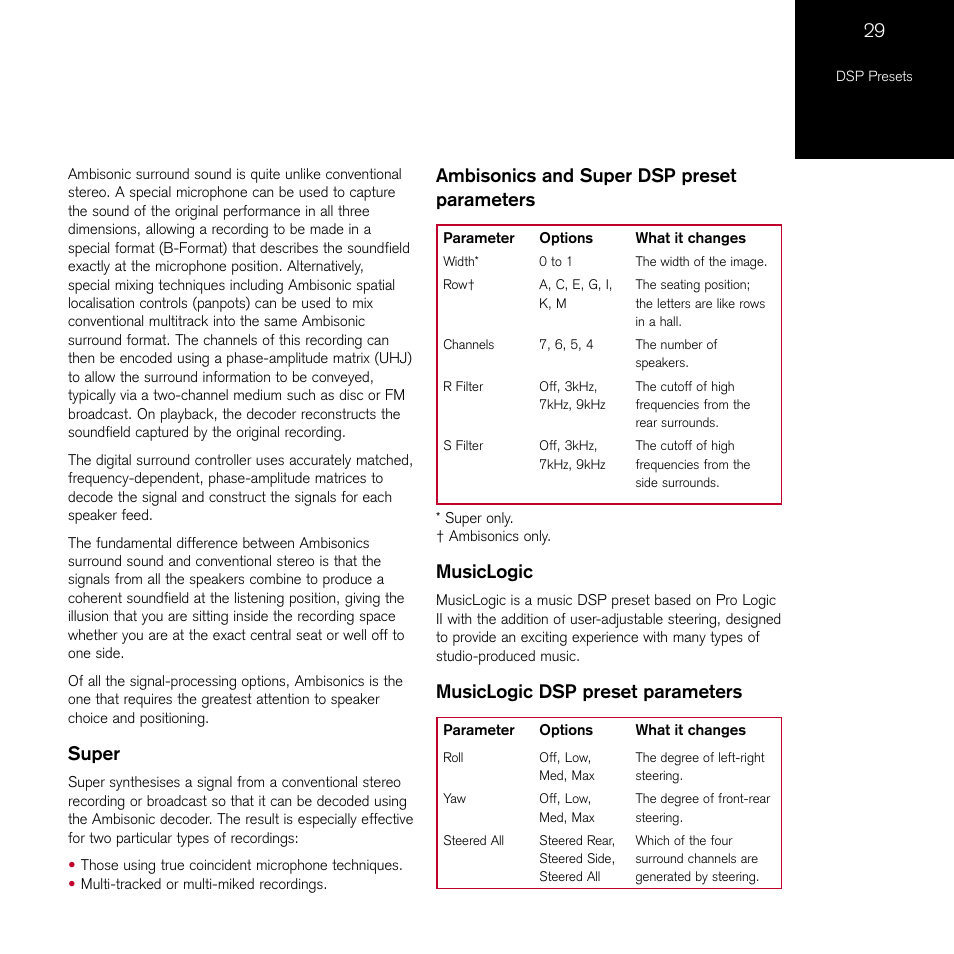 Super, Ambisonics and super dsp preset parameters, Musiclogic | Musiclogic dsp preset parameters | Meridian Audio 861 User Manual | Page 33 / 62