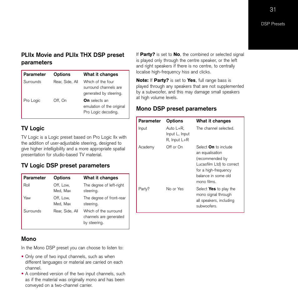 Pliix movie and pliix thx dsp preset parameters, Tv logic, Tv logic dsp preset parameters | Mono, Mono dsp preset parameters | Meridian Audio 861 User Manual | Page 35 / 62