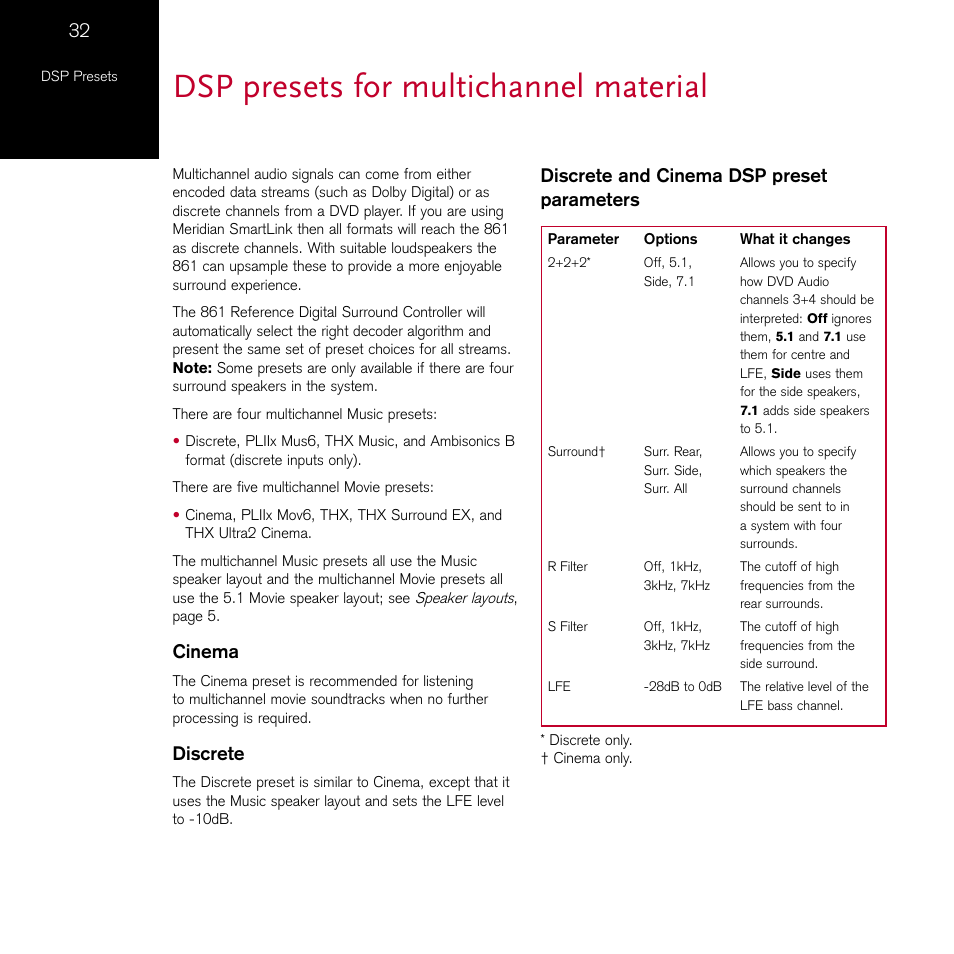 Dsp presets for multichannel material, Cinema, Discrete | Discrete and cinema dsp preset parameters | Meridian Audio 861 User Manual | Page 36 / 62