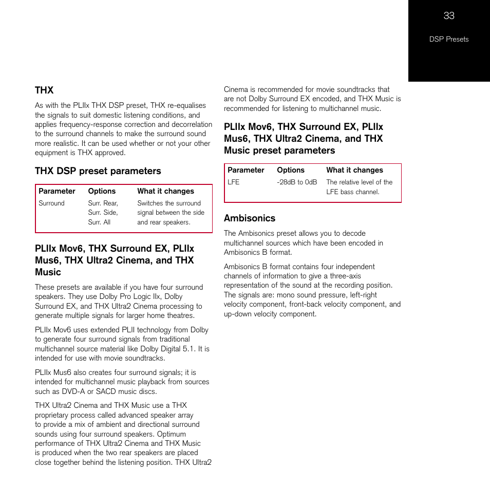 Thx dsp preset parameters, Ambisonics | Meridian Audio 861 User Manual | Page 37 / 62